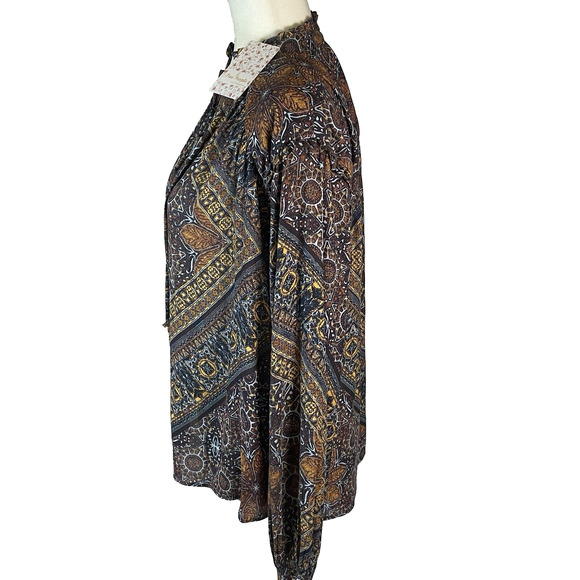 Free People Little Runaway Geometric Print Boho Peasant Top Blouse Size XS Brown - Picture 3 of 12